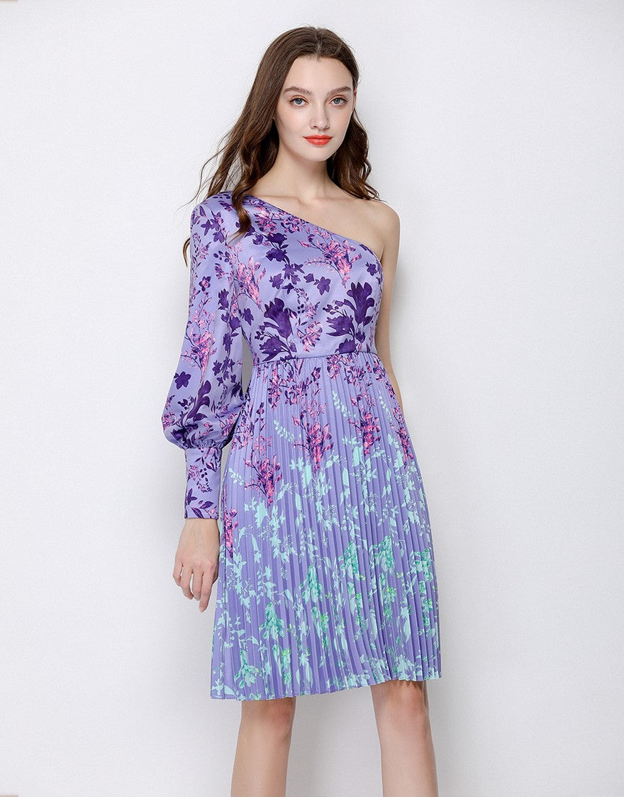Purple printed flower on shoulder dress sample sale
