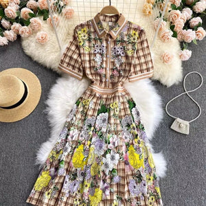 Check pattern with florals mini dress