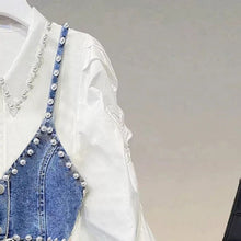 Load image into Gallery viewer, White shirt dress with denim &amp; pearl bralette set