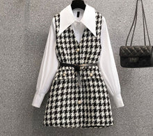 Load image into Gallery viewer, White shirt and monochrome pinafore with belt set