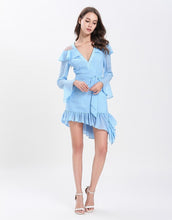 Load image into Gallery viewer, Dotty baby blue cut out shoulder gathered hem mini dress