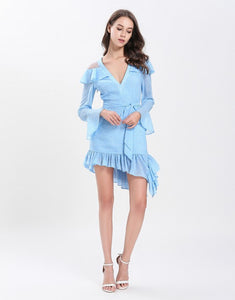 Dotty baby blue cut out shoulder gathered hem mini dress