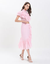 Load image into Gallery viewer, Dotty Candy Pink Ruffle crop top with Dip Hem skirt set