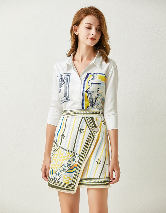 ‘The Artist Sketch’ cotton shirt and asymmetric skirt set