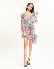 Load image into Gallery viewer, Light blue multi tile patterned mini dress with cut out shoulder.
