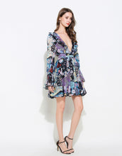 Load image into Gallery viewer, Blue Kaleidoscope plunge mini dress with bell sleeves