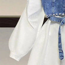 Load image into Gallery viewer, White shirt dress with denim &amp; pearl bralette set