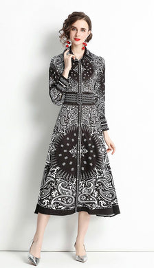 Monochrome paisley circle motif midi dress