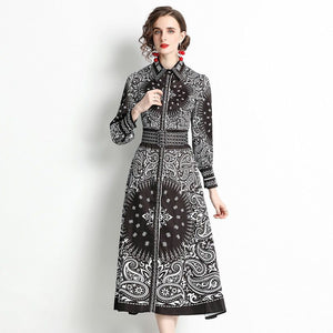 Monochrome paisley circle motif midi dress