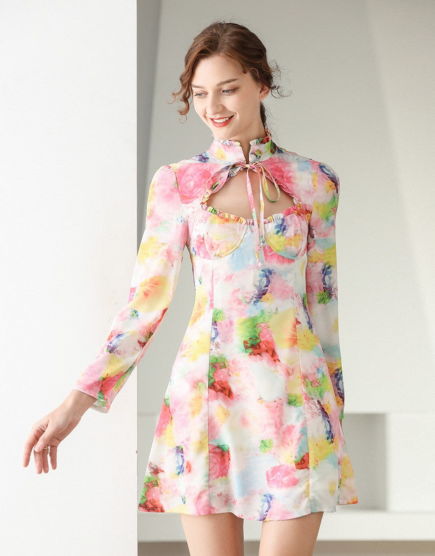 Pastel printed high neck tied long sleeve dress sample sale
