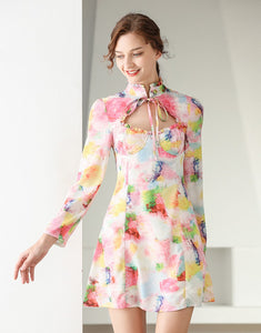 Pastel printed high neck tied long sleeve dress sample sale