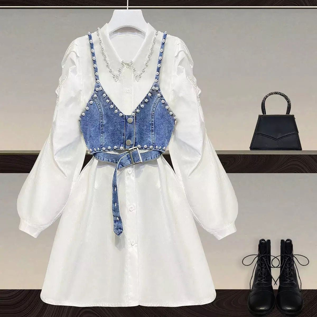 White shirt dress with denim & pearl bralette set