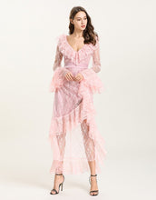 Load image into Gallery viewer, Baby Pink Sheer Lace ruffle maxi dress