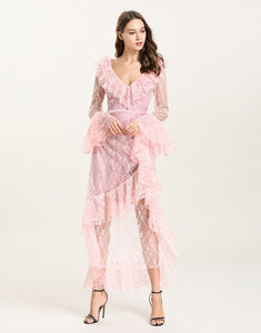 Baby Pink Sheer Lace ruffle maxi dress