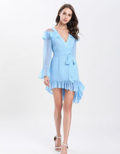 Load image into Gallery viewer, Dotty baby blue cut out shoulder gathered hem mini dress