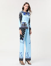 Load image into Gallery viewer, Light blue “All Hail” tropical leaf print two piece SAMPLE