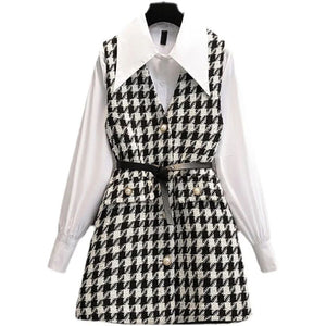 White shirt and monochrome pinafore with belt set
