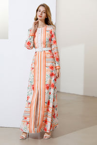 Apricot stripes and roses maxi dress