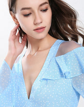 Load image into Gallery viewer, Dotty baby blue cut out shoulder gathered hem mini dress