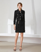 Load image into Gallery viewer, Black tweed two piece with bow and brooch