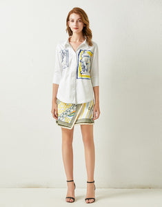 ‘The Artist Sketch’ cotton shirt and asymmetric skirt set