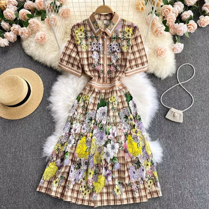 Check pattern with florals mini dress