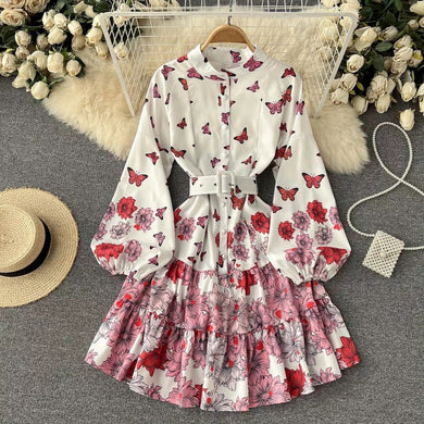 Butterflies and flowers mini dress with belt *comes in two colours