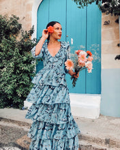 Load image into Gallery viewer, Blue Floral v neck long sleeved Tiered ruffle maxi dress