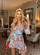 Load image into Gallery viewer, Light blue multi tile patterned mini dress with cut out shoulder.