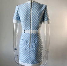 Load image into Gallery viewer, Blue and white plaid dress with gold buttons sample sale