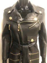 Load image into Gallery viewer, black faux leather coat with belt sample sale