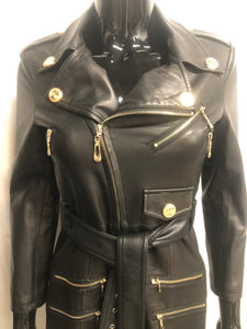 black faux leather coat with belt sample sale