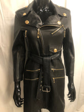 Load image into Gallery viewer, black faux leather coat with belt sample sale