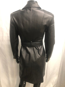 black faux leather coat with belt sample sale