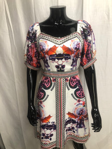 white patterned with bow short sleeve dress sample sale