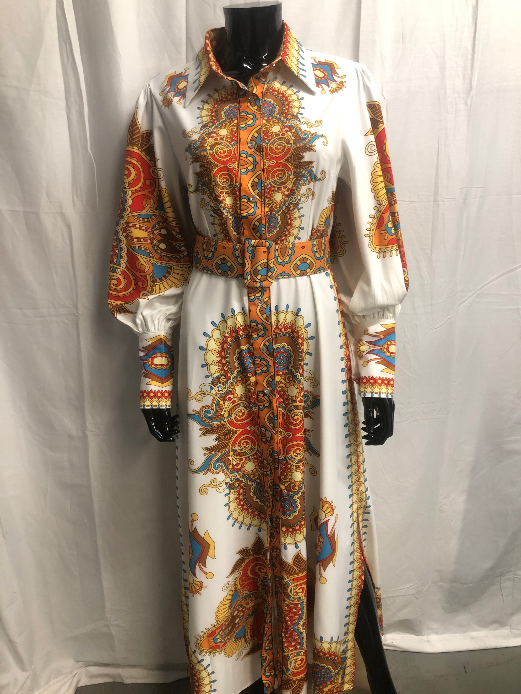 burnt orange patterned dress with belt  sample sale