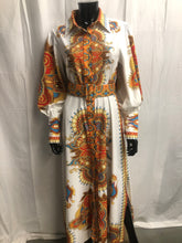 Load image into Gallery viewer, burnt orange patterned dress with belt  sample sale