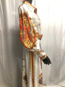 burnt orange patterned dress with belt  sample sale