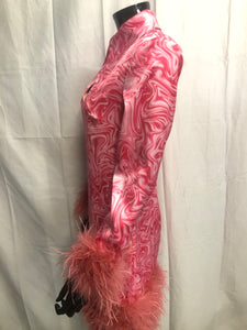 Dagger collar pink marble dress with faux feather details NOW £35