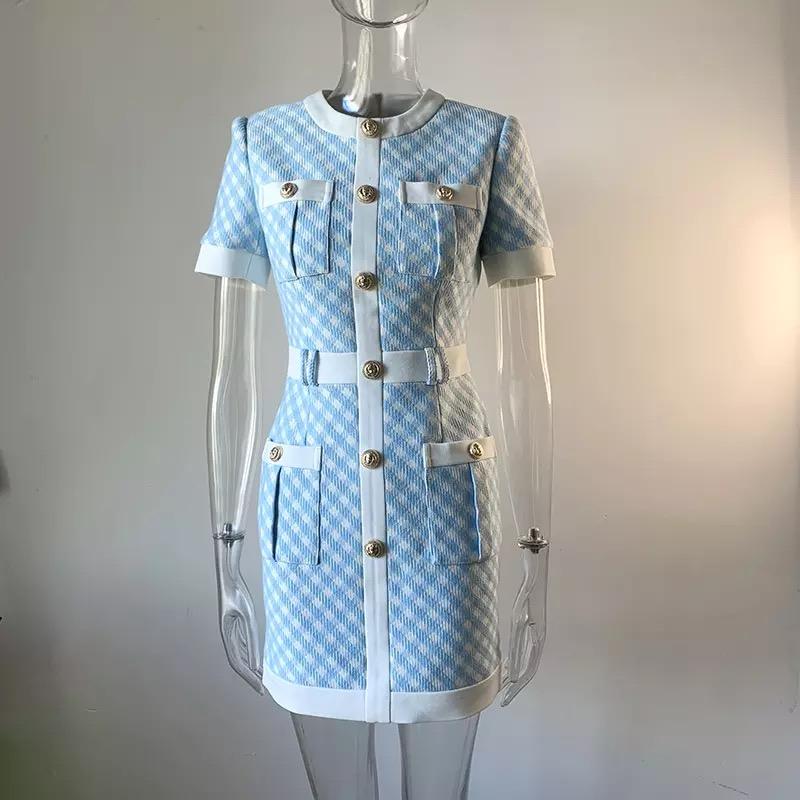 Blue and white plaid dress with gold buttons sample sale