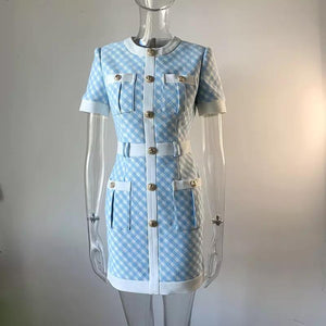 Blue and white plaid dress with gold buttons sample sale