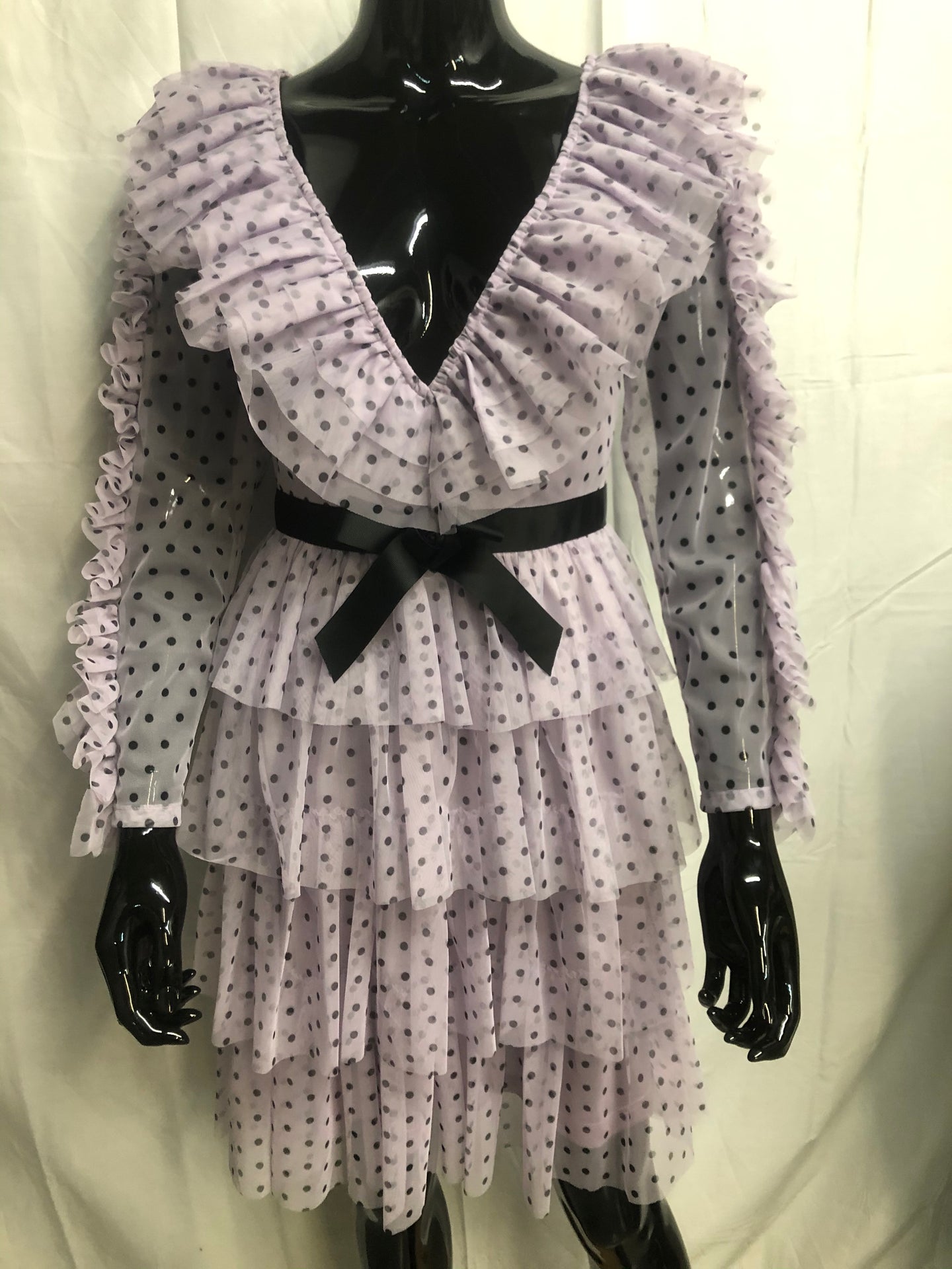 Lilac polka dot ruffle tiered mini dress  NOW £35