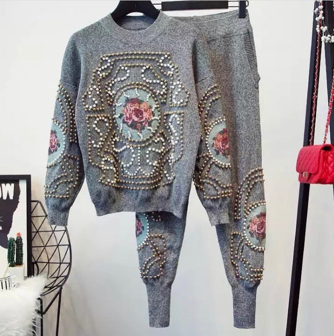 High Quality Rose Motif Grey Knitted Set in two colours