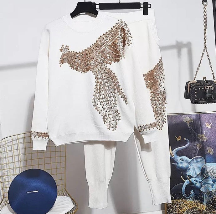 High Quality Gold Flying Phoenix white knitted set