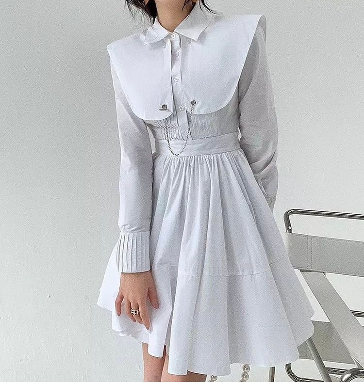 White oversized collar cotton pleated shirt dress