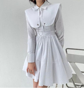 White oversized collar cotton pleated shirt dress