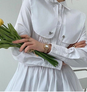 White oversized collar cotton pleated shirt dress