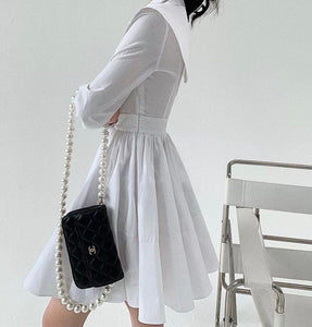 White oversized collar cotton pleated shirt dress