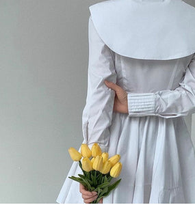 White oversized collar cotton pleated shirt dress