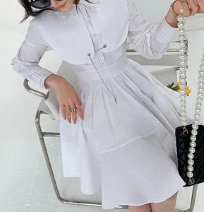 White oversized collar cotton pleated shirt dress